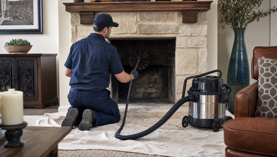 Chimney Cleaning Chimney sweep cleaning a fireplace flue with a rotary brush and vacuum, drop cloths protecting the floor