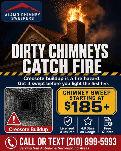 Alamo Chimney sweepers 2 Chimney fire warning: creosote buildup is a fire hazard, chimney sweep starting at $185+ from Alamo Chimney Sweepers