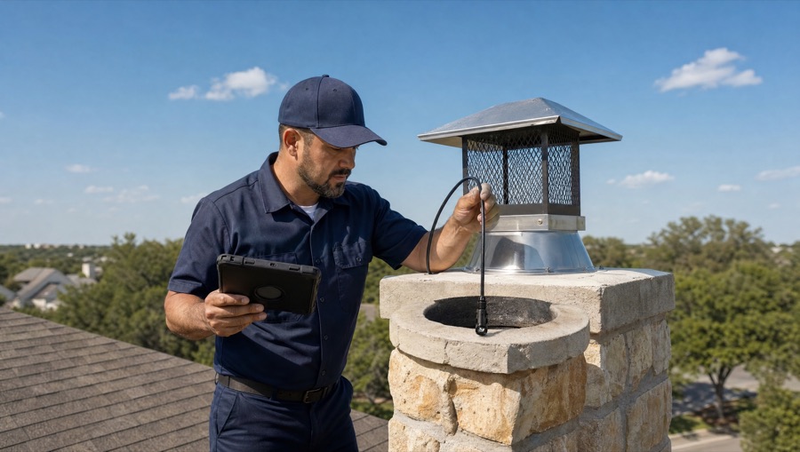 Chimney Inspection Chimney inspector lowering a camera into a stone chimney flue and checking the tablet