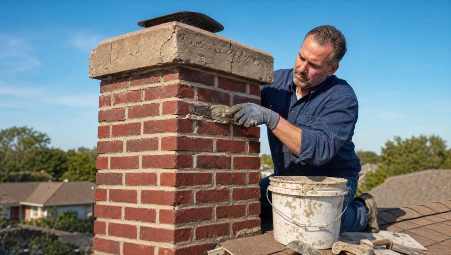 Chimney Repair Mason repairing the mortar joints and crown of a brick chimney