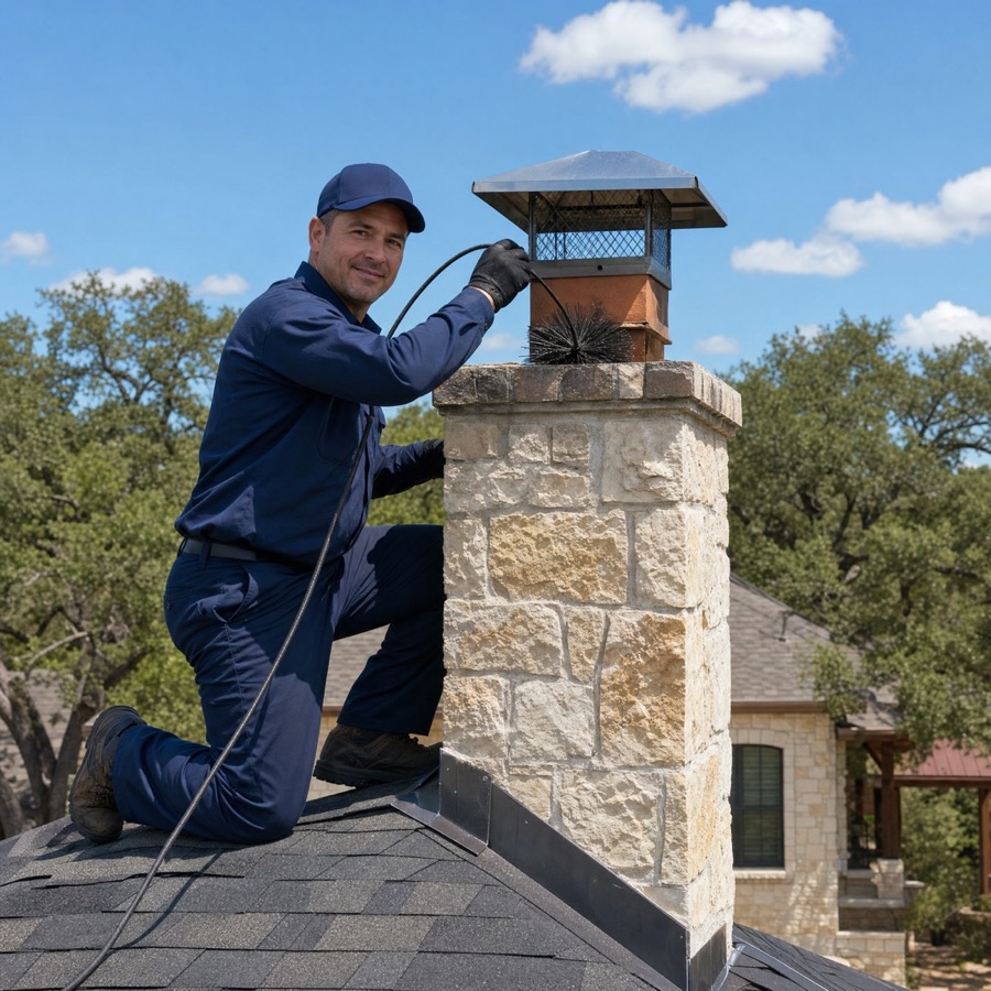 Chimney sweep cleaning a stone chimney on a San Antonio home Chimney sweep technician cleaning a stone chimney on a San Antonio home